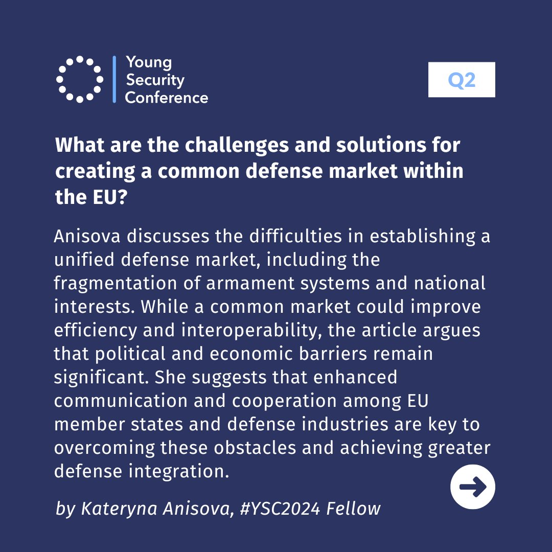 YSConference's tweet image. How is the EU tackling defense challenges in an unstable world? 🌍 

Read Kateryna Anisova's new article on the EU's push for strategic autonomy and a unified defense market. 

lnkd.in/epZtkjS9

#EU #Defense #StrategicAutonomy #EuropeanSecurity