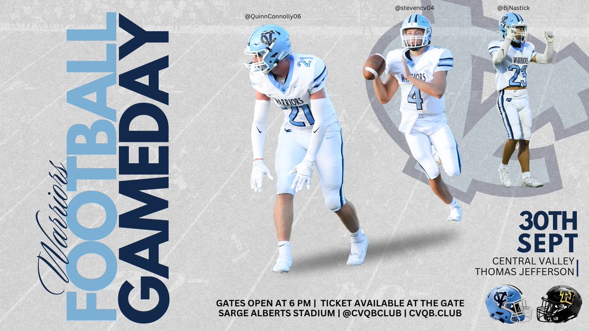 🏈 Warrior Nation, it's GO TIME! 🏈

Get ready for an epic showdown as our Central Valley Warriors kick off Week 1 against Thomas Jefferson TONIGHT, August 30th, at 7 PM! 🕖 Join us at Sarge Alberts Stadium for a night of intense football action, community spirit, and all-around