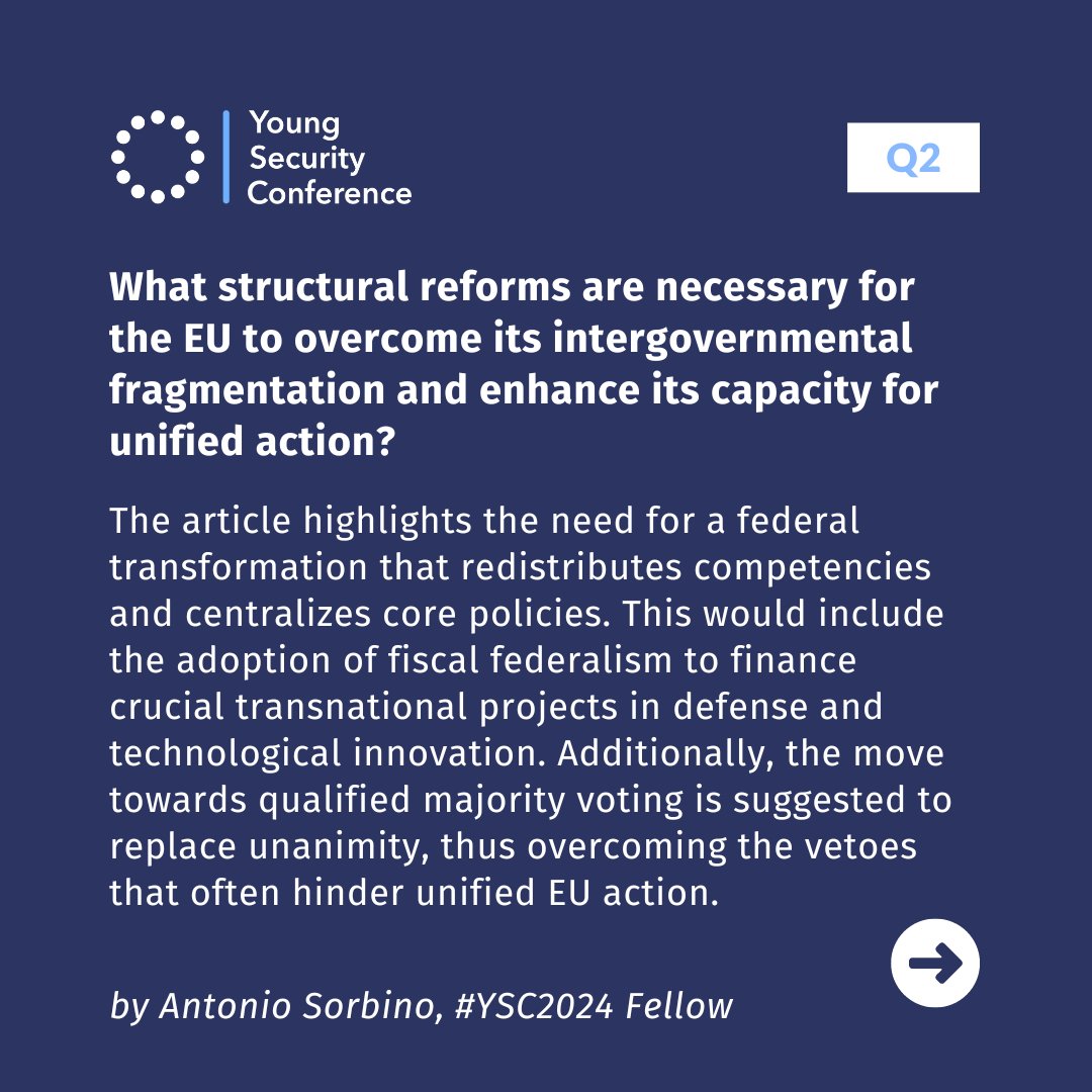 YSConference's tweet image. Can a federal #EU achieve strategic autonomy? 🌍 
#YSC2024 Fellow Antonio Sorbino's, 'The European Odyssey,' explores how federalism could empower the EU to act independently on the global stage. Read here: lnkd.in/eHnSvuY6! 

#Federalism #StrategicAutonomy #GlobalPolitics