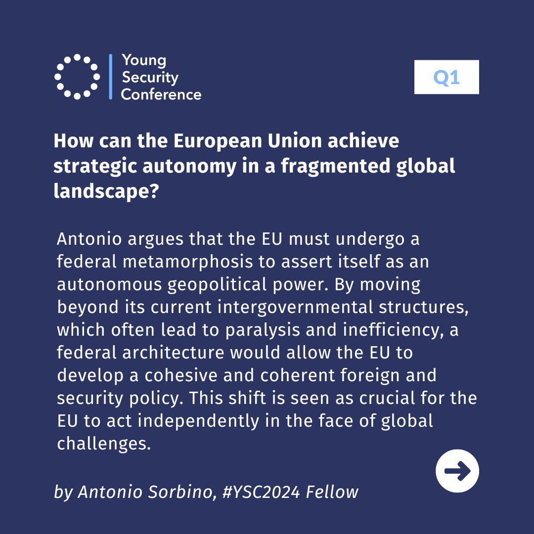 YSConference's tweet image. Can a federal #EU achieve strategic autonomy? 🌍 
#YSC2024 Fellow Antonio Sorbino's, 'The European Odyssey,' explores how federalism could empower the EU to act independently on the global stage. Read here: lnkd.in/eHnSvuY6! 

#Federalism #StrategicAutonomy #GlobalPolitics