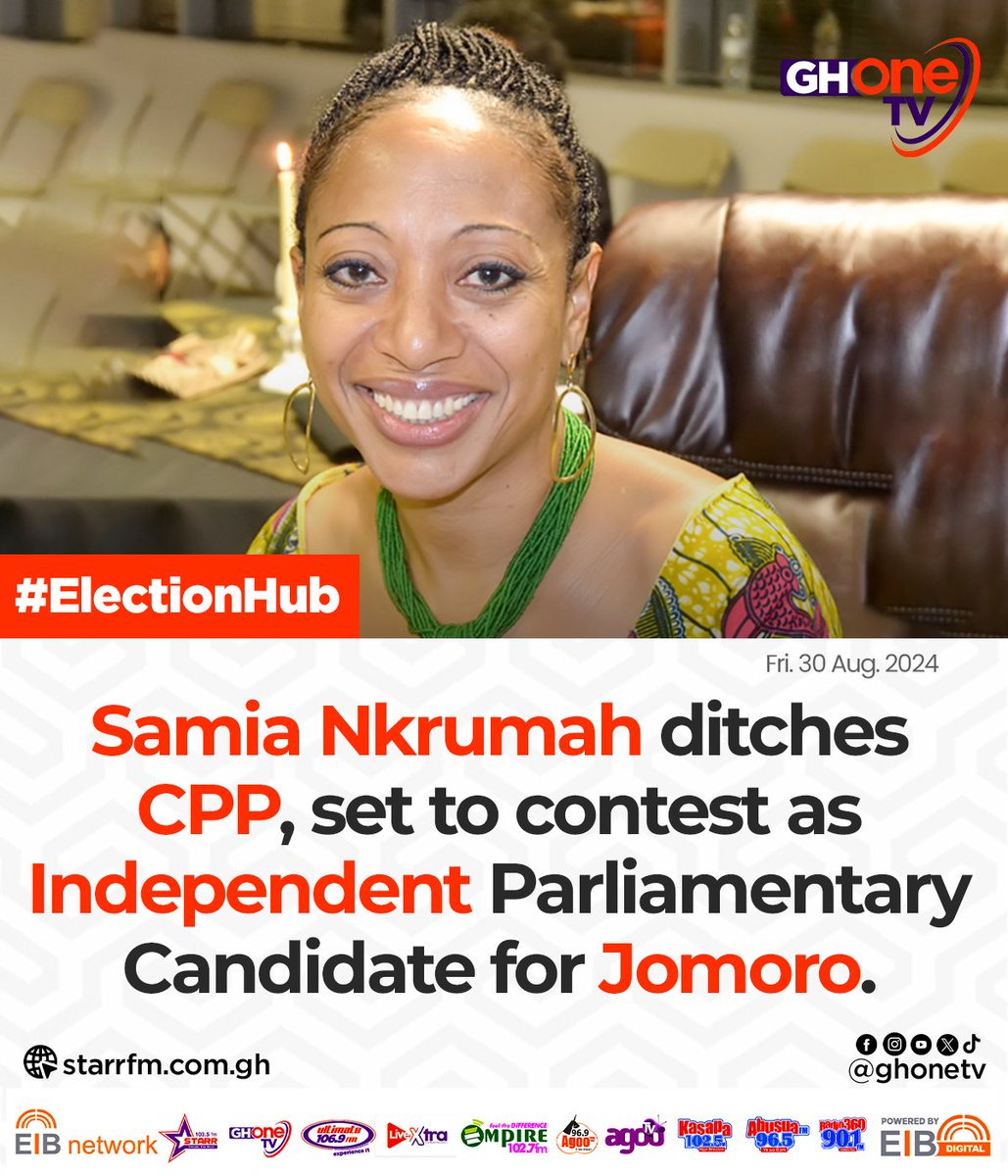 ghonetv's tweet photo. Samia Nkrumah cuts ties with CPP, set to contest as independent PC...
#GHOneTV #EIBNetwork #CPP #NDC
#GHOneNews #ElectionHub #NPP https://t.co/d1JjxHukYY