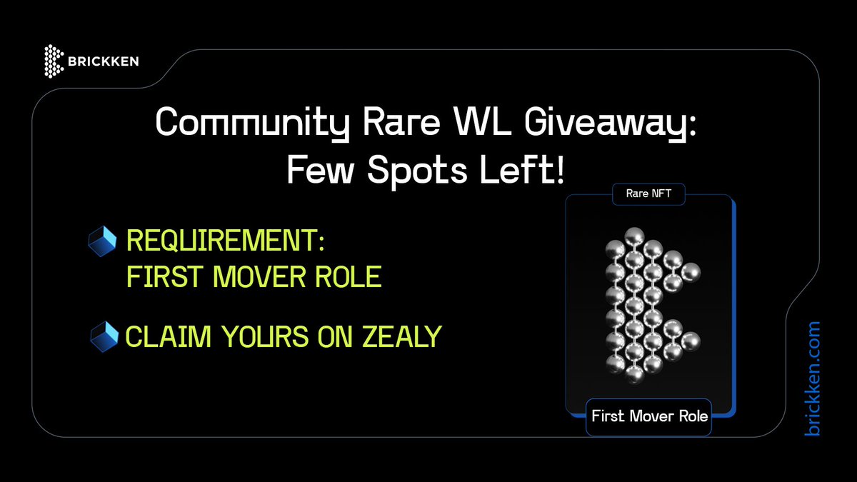 Brickken's tweet image. 📣Rare NFT Giveaway Reminder! 📣 

We have around ~20 spots left from our RARE WL giveaway to our OG community members - Those with First-Mover Roles on our Discord Channel. ⚡️

If you&apos;re Community Round Participant and don&apos;t have the First-Mover Role ($wBKN Investors)?  Open a…