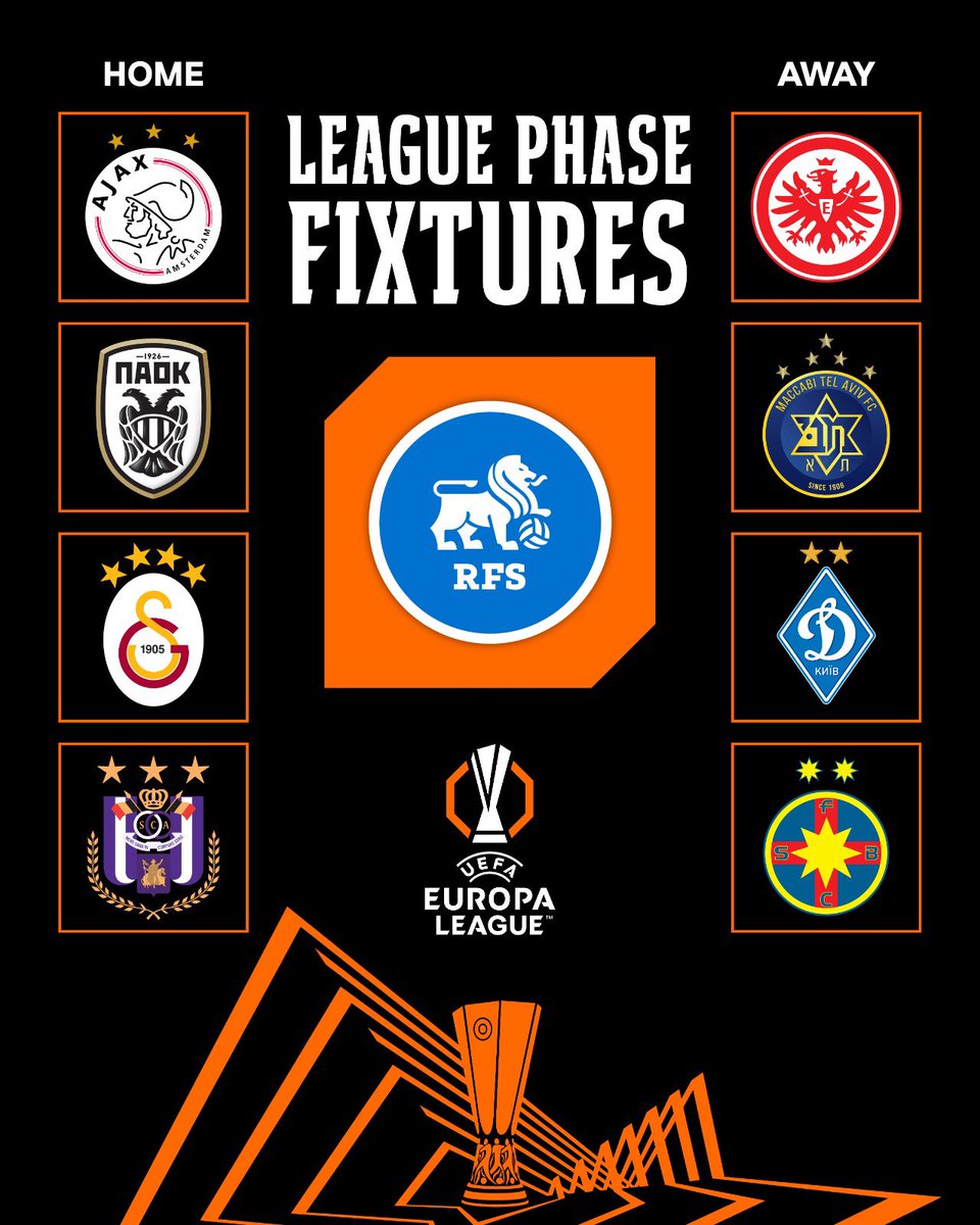 🇪🇺💫 Esam noskaidrojuši savus pretiniekus Eiropas Līgas pamatturnīrā. 🤩

🇳🇱 Ajax 🏠
🇩🇪 Eintracht Frankfurt ✈️
🇬🇷 PAOK 🏠
🇮🇱 Maccabi Tel-Aviv ✈️
🇹🇷 Galatasaray 🏠
🇺🇦 Dynamo Kyiv ✈️
🇧🇪 Anderlecht 🏠
🇷🇴 FCSB ✈️