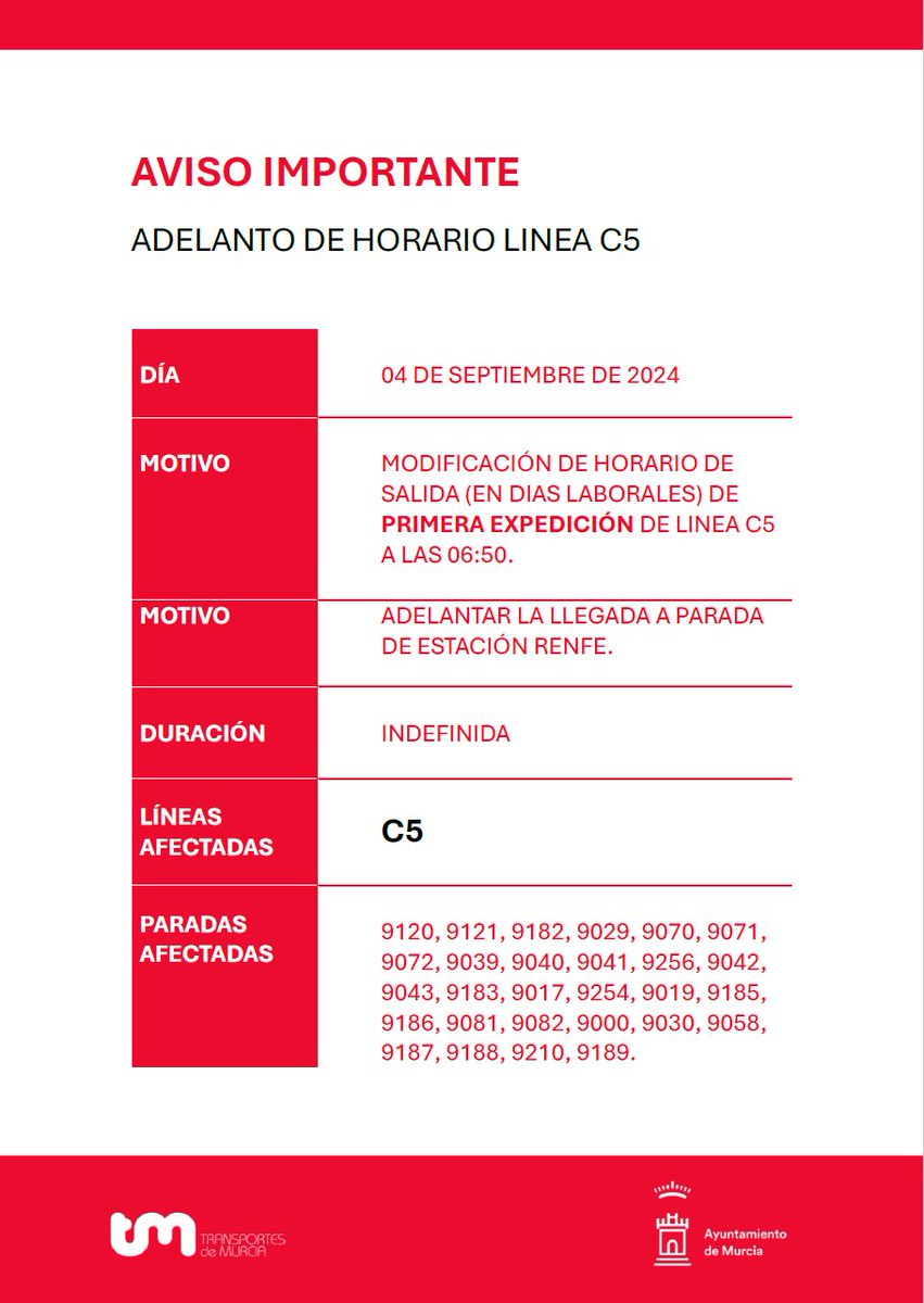 ⚠️ AVISO IMPORTANTE ⚠️

Adelanto del horario de salida (en días laborales) de la primera expedición de la línea C5.

🗓️ A partir del 4 de septiembre.

Más información 👇