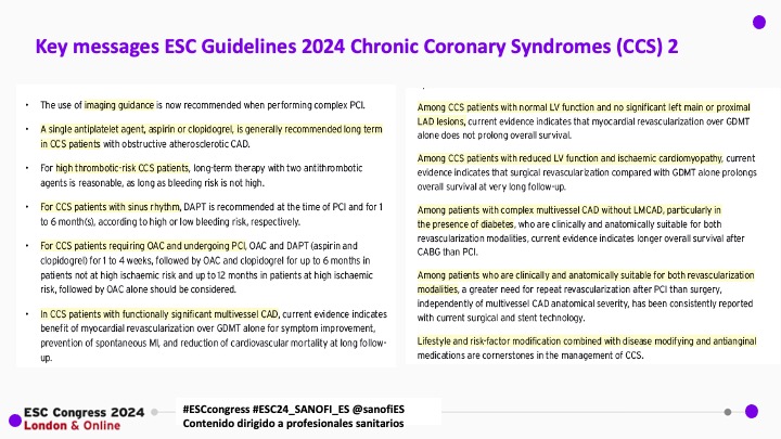 #ESCGuidelines SCC: Parte 2. #ESCcongress #ESC24_Sanofi_es. Contenido dirigido a profesionales sanitarios. 
7⃣Uso de imagen intracoronaria en ICP complejos. 
8⃣AAs/Clopi sugeridos a largo plazo en EAC obstructiva 9⃣DAPTyOAC ajustar en ICP según riesgo sangrado 🔟Revascularización