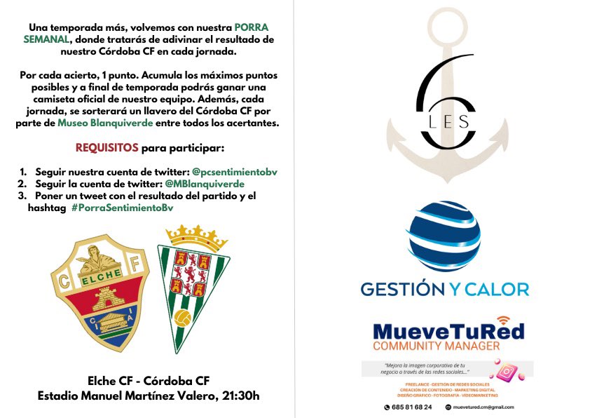 Peña Cordobesista Sentimiento Blanquiverde (@pcsentimientobv) on Twitter photo ⚪️🟢 𝙋𝙊𝙍𝙍𝘼 𝙎𝘽𝙑 ⚪️🟢
Viajamos a Elche con la esperanza de conseguir la primera victoria.
Participa en nuestra porra para conseguir grandes premios, como uno de los llaveros de <a href="/MBlanquiverde/">Museo Blanquiverde Córdoba CF - colección personal</a>.
⚠️ Recuerda cumplir con todos los requisitos ⚪️🟢 𝙋𝙊𝙍𝙍𝘼 𝙎𝘽𝙑 ⚪️🟢
Viajamos a Elche con la esperanza de conseguir la primera victoria.
Participa en nuestra porra para conseguir grandes premios, como uno de los llaveros de <a href="/MBlanquiverde/">Museo Blanquiverde Córdoba CF - colección personal</a>.
⚠️ Recuerda cumplir con todos los requisitos