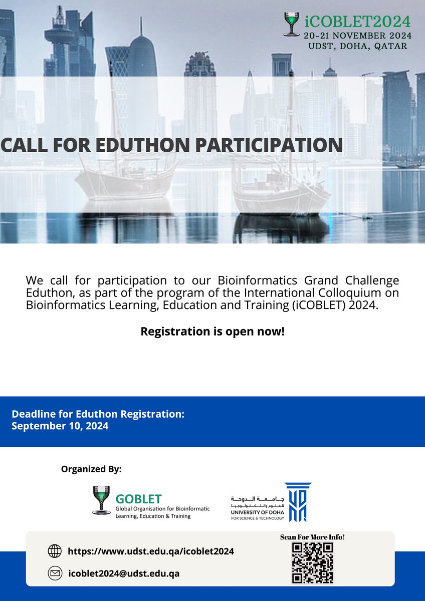 iCOBLET2024: Call for Eduthon Participation
Event type: Hybrid
Eduthon Theme: Bioinformatics Grand Challenges
Join the Eduthon: udst.edu.qa/icoblet2024/ed…