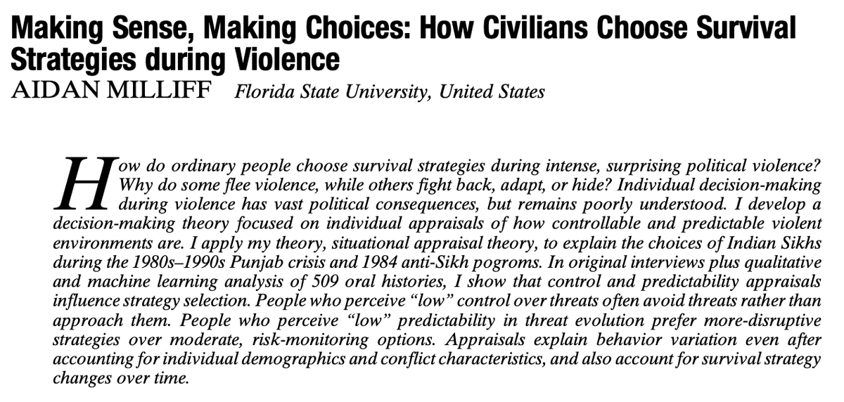 From our new issue: "Making Sense, Making Choices: How Civilians Choose Survival Strategies during Violence" by Aidan Milliff (<a href="/amilliff/">Aidan Milliff</a>). #ASPRNewIssue

cambridge.org/core/journals/…