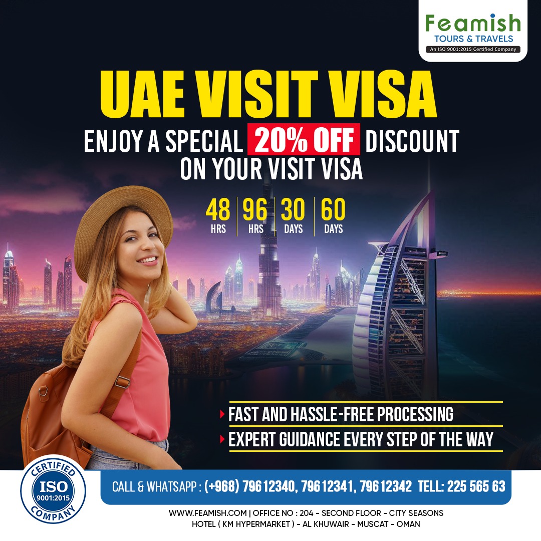 FeamishBusiness's tweet photo. Explore the beauty of the UAE with an exclusive 20% discount on visit visas!
contact us : (+968) 79612340, 79612341, 79612342 
TEL: (+968) 225 565 63
Email :info.oman@feamish.com
https://t.co/k375N6Htzg
#UAEVisitVisa #TravelDeals #UAE2024 #VisitUAE #ExploreUAE #TravelDiscount https://t.co/V5yqDON5Bw