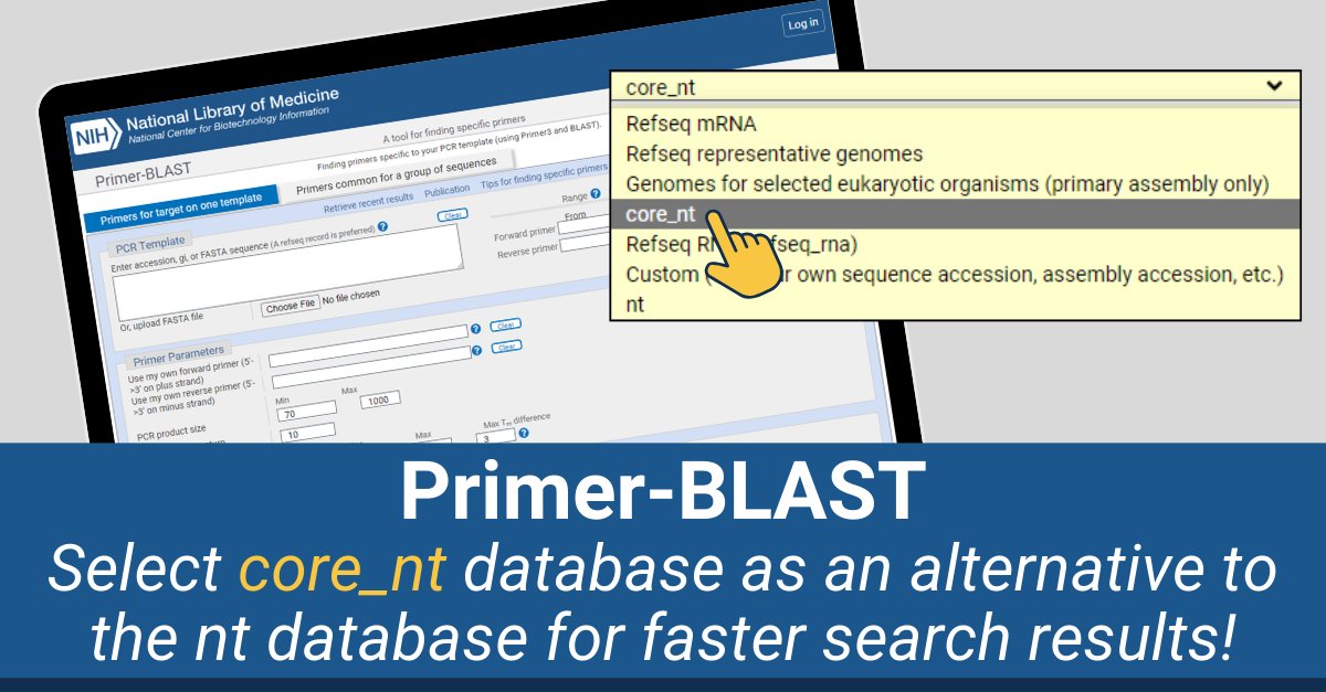 NCBI's tweet photo. Do you use Primer-BLAST to design and analyze PCR primers? Select the core_nt database as an alternative to the nt database to run faster searches! Learn more: https://t.co/dV5e7KlQYn https://t.co/qlHJmWzX1N