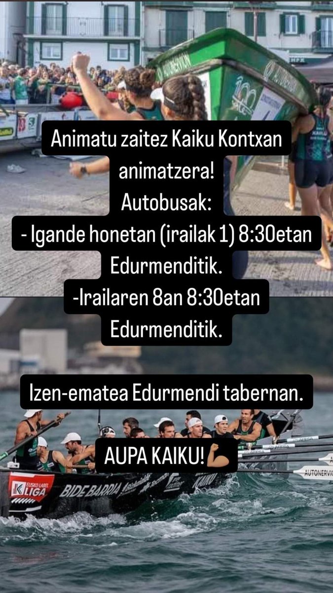 Vive algo histórico con la presencia de nuestras dos Bizkaitarra en la bahía Donostiarra. 
Ell@s han dado el primer paso, vamos acompañarles a dar el siguiente.
Viaja animar a Kaiku este primer Domingo.
Inscripciones en el bar EdurMendi.
AURRERA NESKAK, AUPA KAIKU!!!