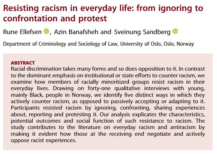 #ERSMostRead 

<a href="/RuneEllefsen3/">Rune Ellefsen</a>, Azin Banafsheh, and Sveinung Sandberg's 2022 article Resisting racism in everyday life: from ignoring to confrontation and protest is one of our #MostReadArticles in the last 3 months! 

You can check out this article here: doi.org/10.1080/014198…