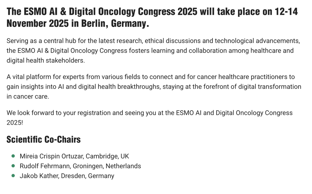 Jakob Nikolas Kather (@jnkath) on Twitter photo Save the date for 12-14 Nov 2025 (next year) in Berlin, Germany: The first <a href="/myESMO/">ESMO - Eur. Oncology</a> conference purely on AI and Digital Oncology 🤩 Very happy to organize this together with a large panel of experts. Mark your calendars! esmo.org/meeting-calend…
<a href="/DKFZ/">DKFZ</a> <a href="/NCT_UCC_DD/">Nationales Centrum für Tumorerkrankungen Dresden</a> <a href="/NCT_HD/">NCT Heidelberg</a> Save the date for 12-14 Nov 2025 (next year) in Berlin, Germany: The first <a href="/myESMO/">ESMO - Eur. Oncology</a> conference purely on AI and Digital Oncology 🤩 Very happy to organize this together with a large panel of experts. Mark your calendars! esmo.org/meeting-calend…
<a href="/DKFZ/">DKFZ</a> <a href="/NCT_UCC_DD/">Nationales Centrum für Tumorerkrankungen Dresden</a> <a href="/NCT_HD/">NCT Heidelberg</a>