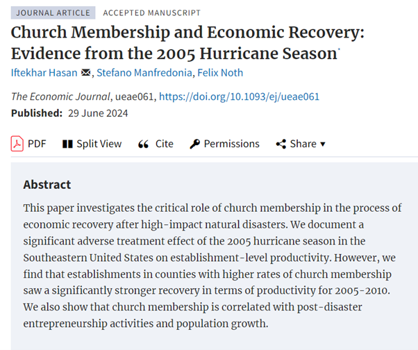 EJ_RES's tweet photo. Forthcoming in EJ: ‘Church Membership and Economic Recovery: Evidence from the 2005 Hurricane Season’ by Iftekhar Hasan, Stefano Manfredonia, Felix Noth https://t.co/pP1B8DAvNq @StefanoManfre12 @noth_felix @RoyalEconSoc @OUPEconomics #EconTwitter https://t.co/FTDWH31GKg
