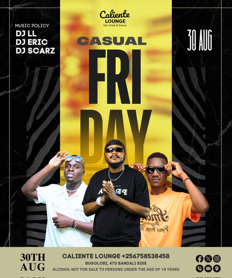 Mushrm (@mushroominc) on Twitter photo Today promises to be good! Head over to Caliente Lounge for #CasualFriday, tag along your friends for Friday vibes with <a href="/DeejayLL/">MrPartyTime</a>, <a href="/DeejayOscar256/">DEEJAY OSCAR</a> & <a href="/DjEric256/">The party specialist</a> as theyβre serve you dope vibe tunes. Today promises to be good! Head over to Caliente Lounge for #CasualFriday, tag along your friends for Friday vibes with <a href="/DeejayLL/">MrPartyTime</a>, <a href="/DeejayOscar256/">DEEJAY OSCAR</a> & <a href="/DjEric256/">The party specialist</a> as theyβre serve you dope vibe tunes.
