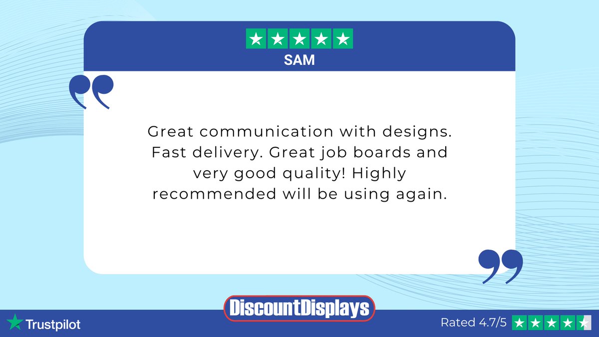 displayexperts's tweet image. ✨Testimonial✨

Thank you Sam for leaving a great 5-star review!

At Discount Displays we aim for the highest quality customer service and user experience.

Head over to our Trustpilot link to let us know your experience.

 #trustpilot #excellentrating #customerservice