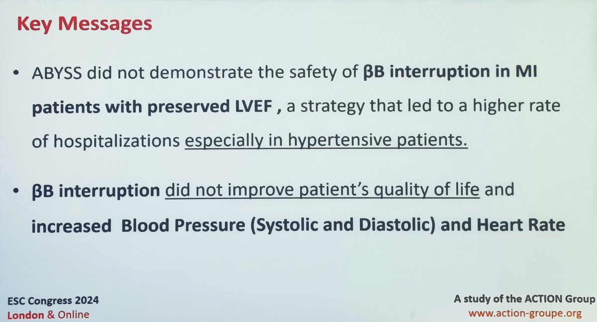 .La suspensión de betabloqueantes en pacientes estables post IAM con FEVI conservada no logro no inferioridad y aumento los eventos, sobre todo en hipertensos. Resultado opuesto a REDUCE AMI. #ESCCongress2024 #CardioTwitter