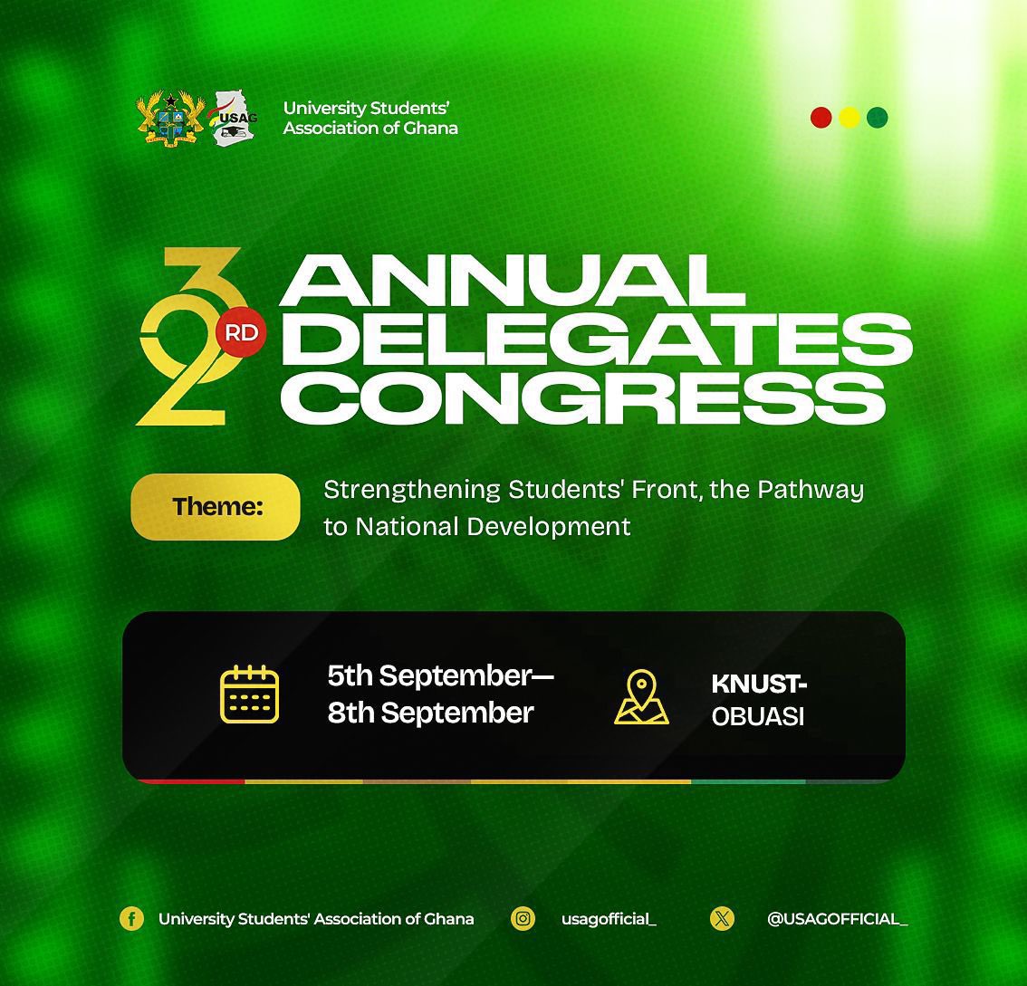 Attention all university students! 

The annual USAG Congress will be held at KNUST Obuasi campus from Sept 5th-8th, 2024. Join us for debates, discussions, and networking opportunities. Be there!