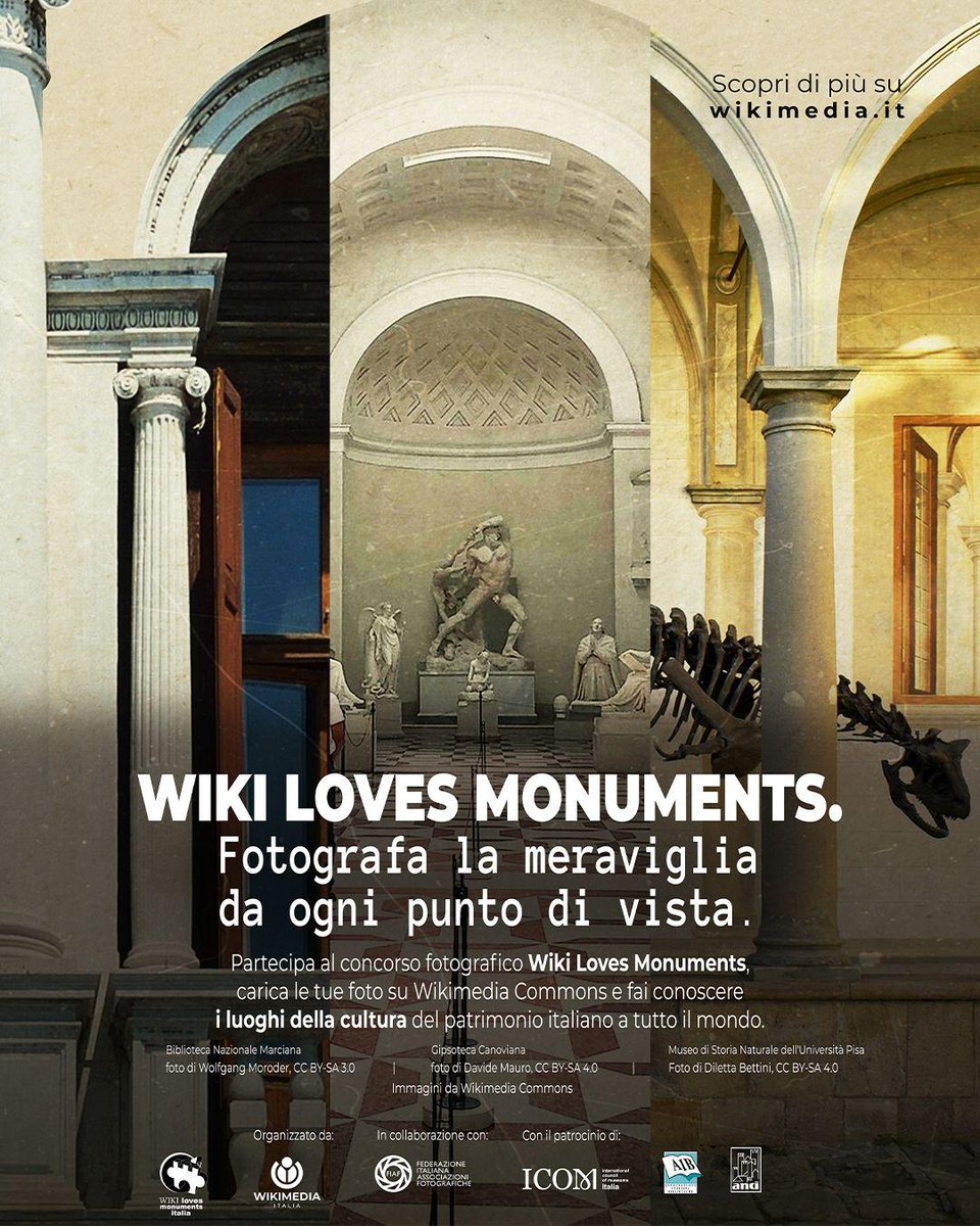 #savethedate - L'1 settembre riparte l'edizione italiana di #WIKILOVESMONUMENTS - FOTOGRAFARE I LUOGHI DELLA CULTURA, a cura @WikimediaItalia, progetto di cui #FIAF è partner storico. Tema di questa 13. ed. saranno i musei, le biblioteche, gli archivi. 
#keepintouch #ComingSoon