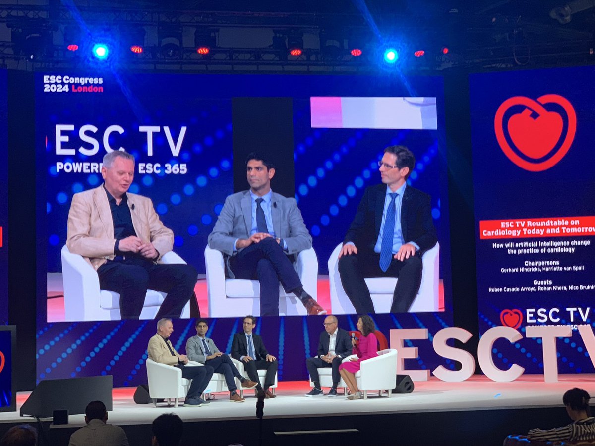 Kicking off #ESC2024 with <a href="/rohan_khera/">Rohan Khera</a> on ESC TV. Almost looks too comfortable on the big screen — we might have an opening <a href="/cards_lab/">CarDS Lab</a> if he gets poached by one of the networks 😅