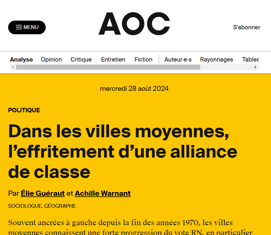 Comment expliquer le recul de la gauche dans de nombreuses villes moyennes ces dernières décennies ? Avec <a href="/EGueraut/">Élie Guéraut</a>, nous proposons une analyse du phénomène, pour <a href="/AOC_media/">AOC</a>, croisant géographie et sociologie.🧶 (1/20)