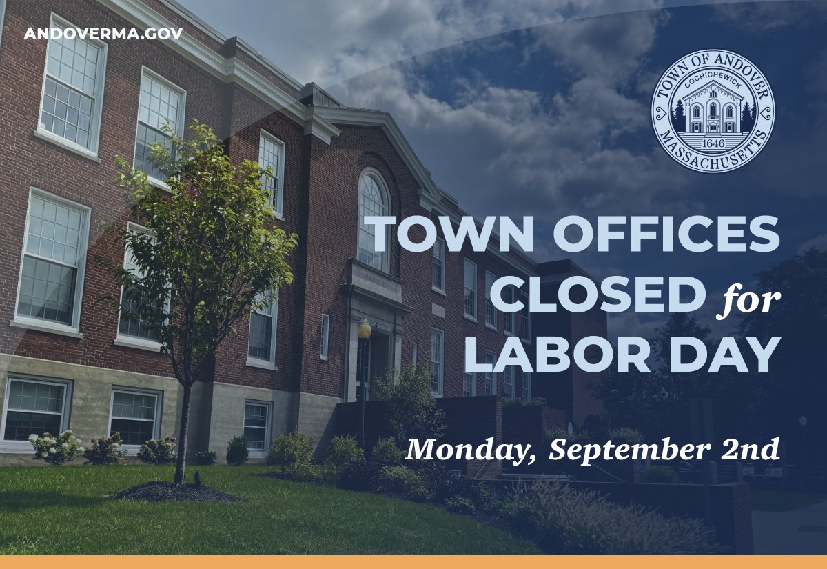 Town Offices and other public buildings will be closed on Monday, Sept. 2 for Labor Day. Memorial Hall Library will be closed 8/31 through 9/2 for the holiday. 

There will be no recycling/solid waste collection on Monday, and collections will be delayed by 1 day for the week.