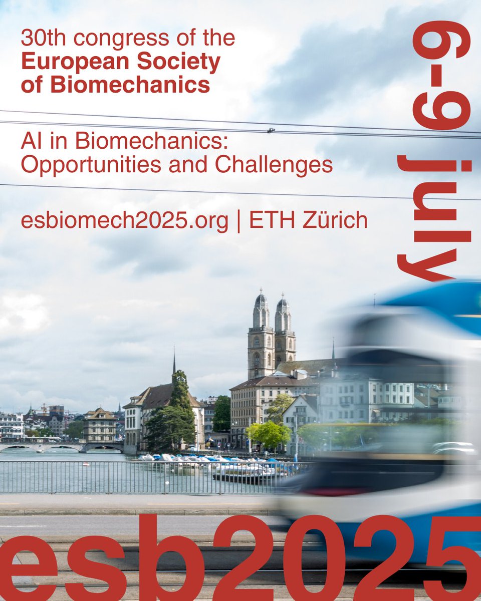 🚨 Save the date! 🚨
ESB 2025 is coming to ETH Zürich on 6-9 July 2025! Explore "AI in Biomechanics: Opportunities and Challenges" with leading experts like Prof. Dr. William R. Taylor. 
Learn more at esbiomech2025.org 🌍
#ESB #ESB2025 #biomechanics #AIinBiomechanics