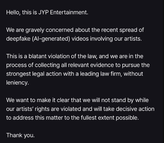AboutMusicYT's tweet photo. JYP Entertainment will take legal action against the distribution of explicit deepfakes of their aritsts. https://t.co/lUH2cOHHzg