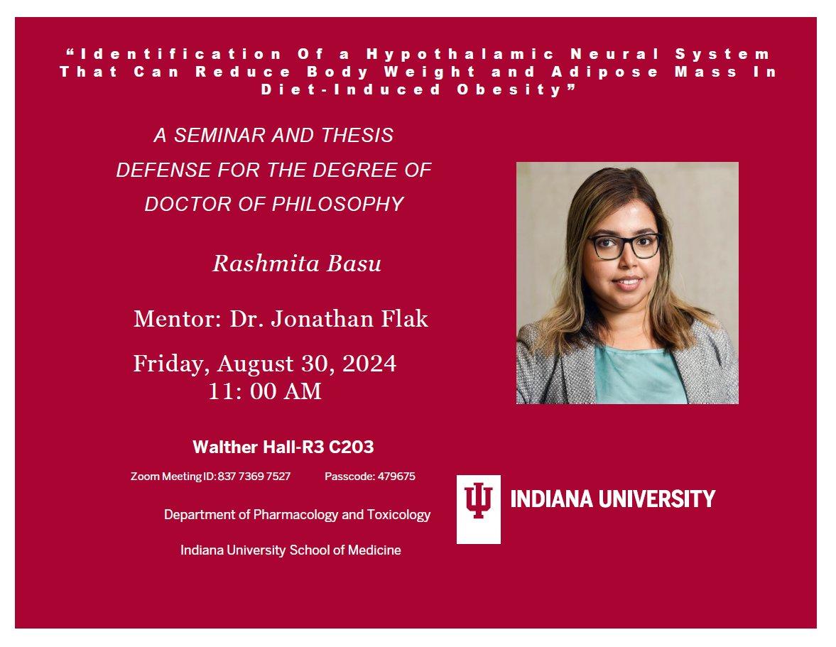 Pharmacology Toxicology (@iusm_pharmtox) on Twitter photo Please join us today as Rashmita Basu (<a href="/JonathanFlak/">JonathanFlak</a> Lab) presents her thesis defense seminar. Please join us today as Rashmita Basu (<a href="/JonathanFlak/">JonathanFlak</a> Lab) presents her thesis defense seminar.