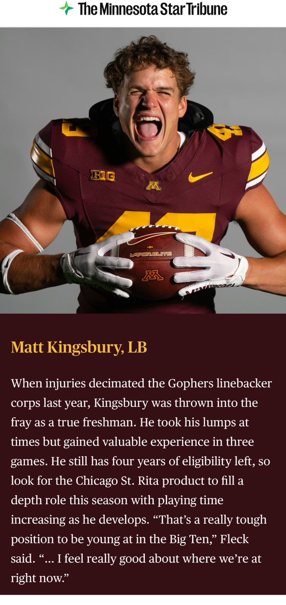 Great article about <a href="/MattKingsbury3/">Matt Kingsbury</a> ‘23 and the Minnesota Golden Gophers this season. Keep up the great work Matt! <a href="/StRitaFootball/">St. Rita Football</a> #MustangLegacy 

static.startribune.com/news/projects/…