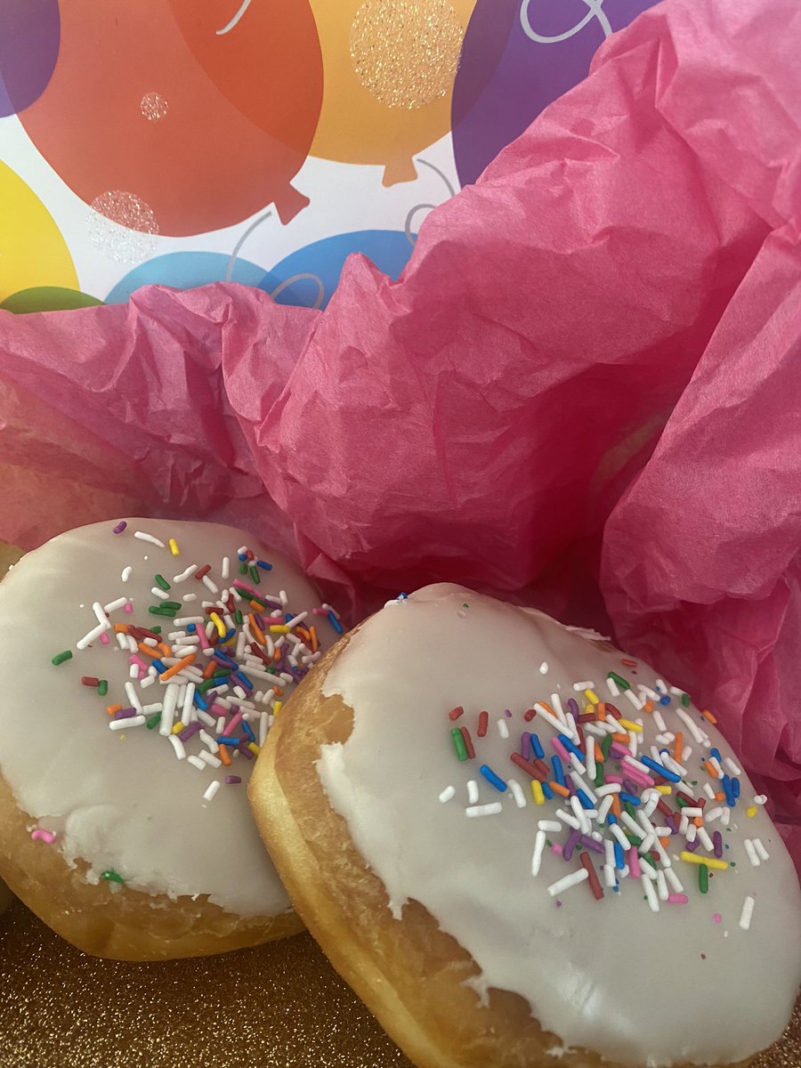 Blow off those candles &amp; make a wish for a box of Birthday Cake Donuts for the month of September!   Yeast donuts filled with a mixture of our whipped topping and birthday cake mix, topped with vanilla fondant &amp; festive sprinkle of rainbow.  #donutofthemonth #donutmillreddeer