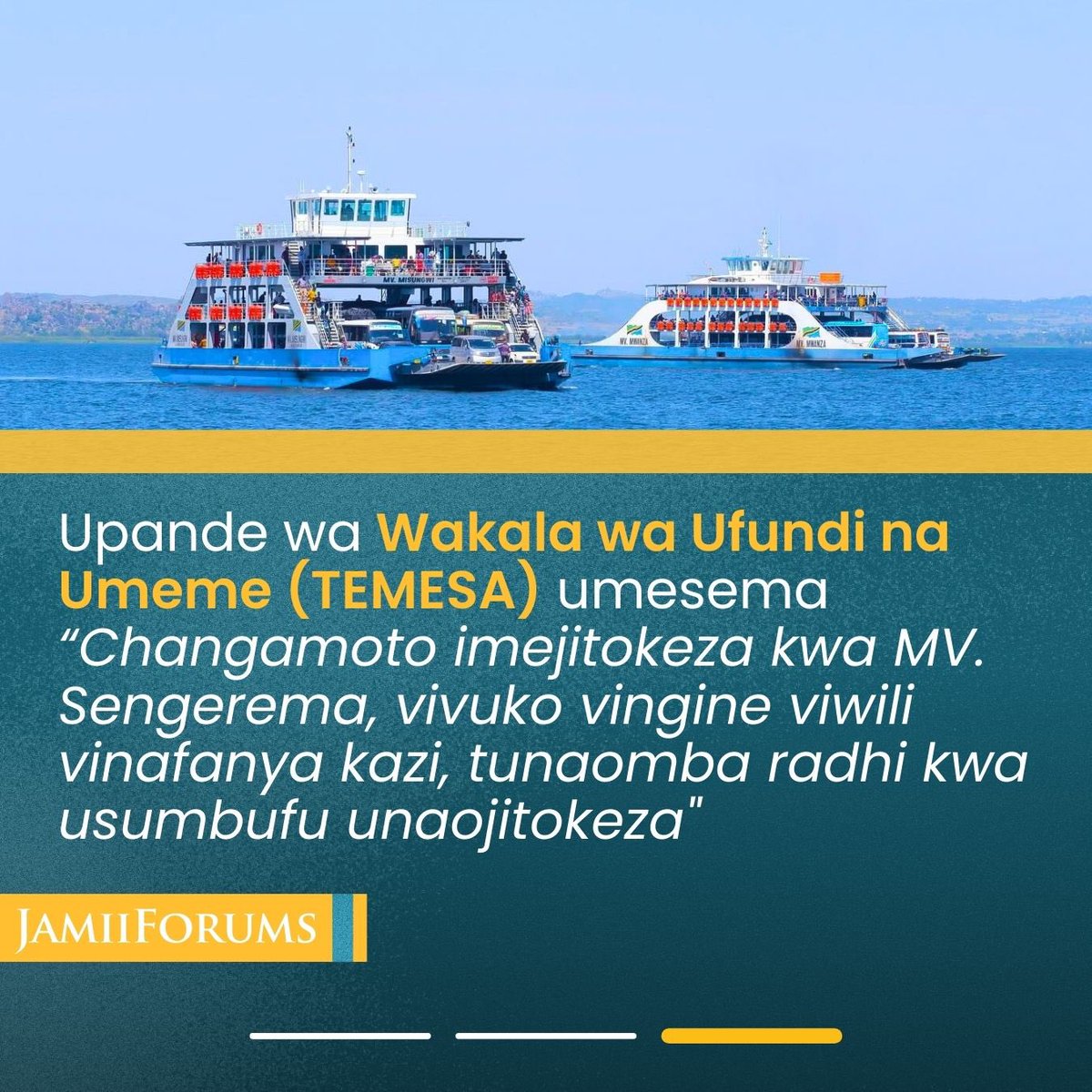 JamiiForums's tweet photo. MWANZA: Baada ya Mdau wa https://t.co/dDd21Ugmlv kuripoti uwepo wa kero ya foleni katika Kivuko cha Kigongo-Busisi, Kaimu Mkuu wa Kitengo cha Masoko na Uhusiano, Alfred Mgweno Wakala wa Ufundi na Umeme (#TEMESA), amesema TEMESA inaomba radhi kwa changamoto hiyo iliyosababishwa na kivuko kimoja cha MV Sengerema kupata hitilafu katika injini

Mgweno amesema “Mafundi wetu wako kwenye kivuko wakiendelea kutatua changamoto iliyojitokeza, Shule zimefungwa na leo ni wikiendi hivyo kuna idadi kubwa ya Watu wanahitaji kuvuka.”

JamiiForums ilipomtafuta Mkuu wa Wilaya ya Sengerema, Senyi Ngaga amesema “MV. Sengerema ina shida kidogo katika mfumo wa injini, mafundi wanaendelea na kazi, vivuko vingine (MV Mwanza na MV Misungwi) vinafanyakazi, hata MV Mwanza nayo juzi ilileta shida ikarekebishwa ikakaa sawa.”

Soma https://t.co/ic0FZnVXns

#JFHuduma #Accountability #JamiiForums