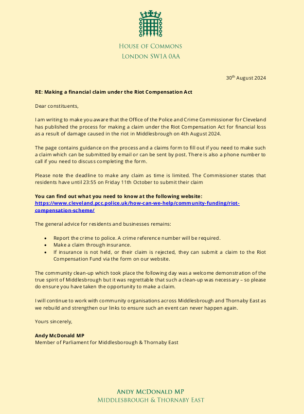 To make a claim under the Riot Compensation Act following the in Middlesbrough on 4th August - the process has been published.

There is a deadline of 23:55 on Fri 11th Oct to submit a claim.

You can find out what you need to know here:

cleveland.pcc.police.uk/how-can-we-hel…
