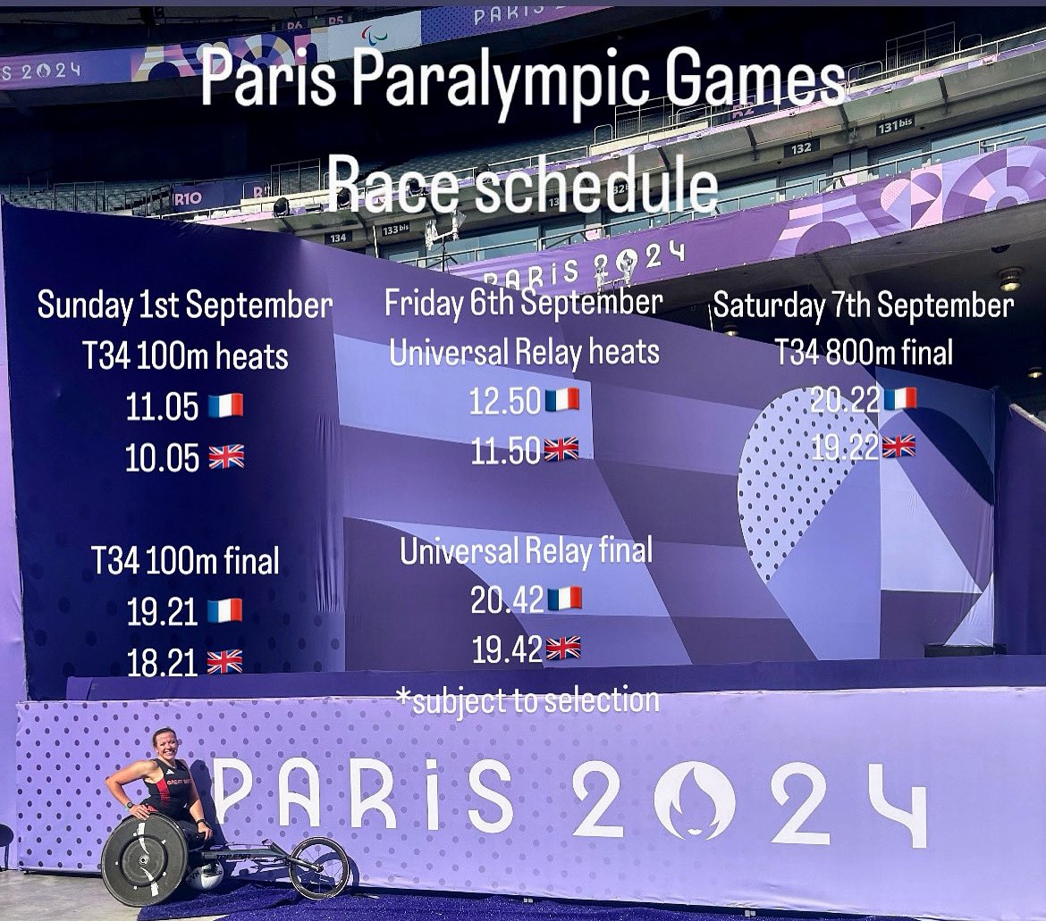 My <a href="/Paris2024/">Paris 2024</a> <a href="/Paralympics/">Paralympic Games</a> race schedule: 

1st September
100m heats 
11.05🇫🇷
10.05🇬🇧

100m final
19.21🇫🇷
18.21🇬🇧

6th September 
Universal relay heats
12.50🇫🇷
11.50🇬🇧

Universal relay final
20.42🇫🇷
19.42🇬🇧
*subject to selection

7th September
800m final
20.22🇫🇷
19.22🇬🇧