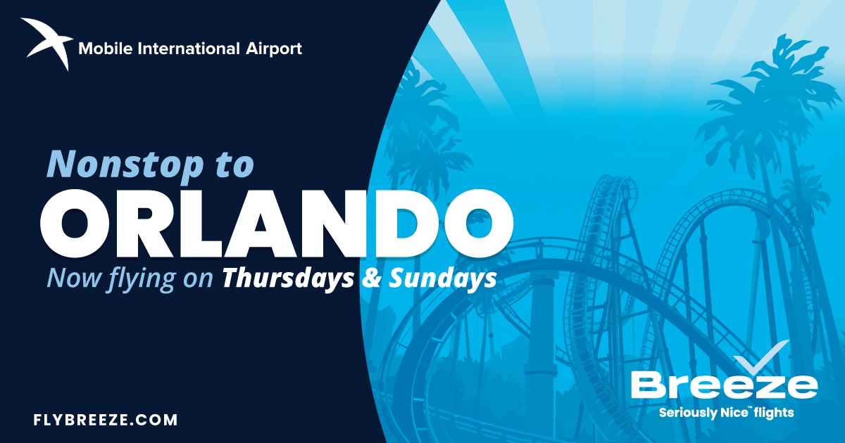 Magic Awaits in Orlando! ✨ Skip the layovers and fly nonstop from Mobile with Breeze Airways. Get to the fun faster with fares starting at just $39 one way. Ready for takeoff? Book now at FlyBreeze.com! #FlyBreeze #OrlandoBound