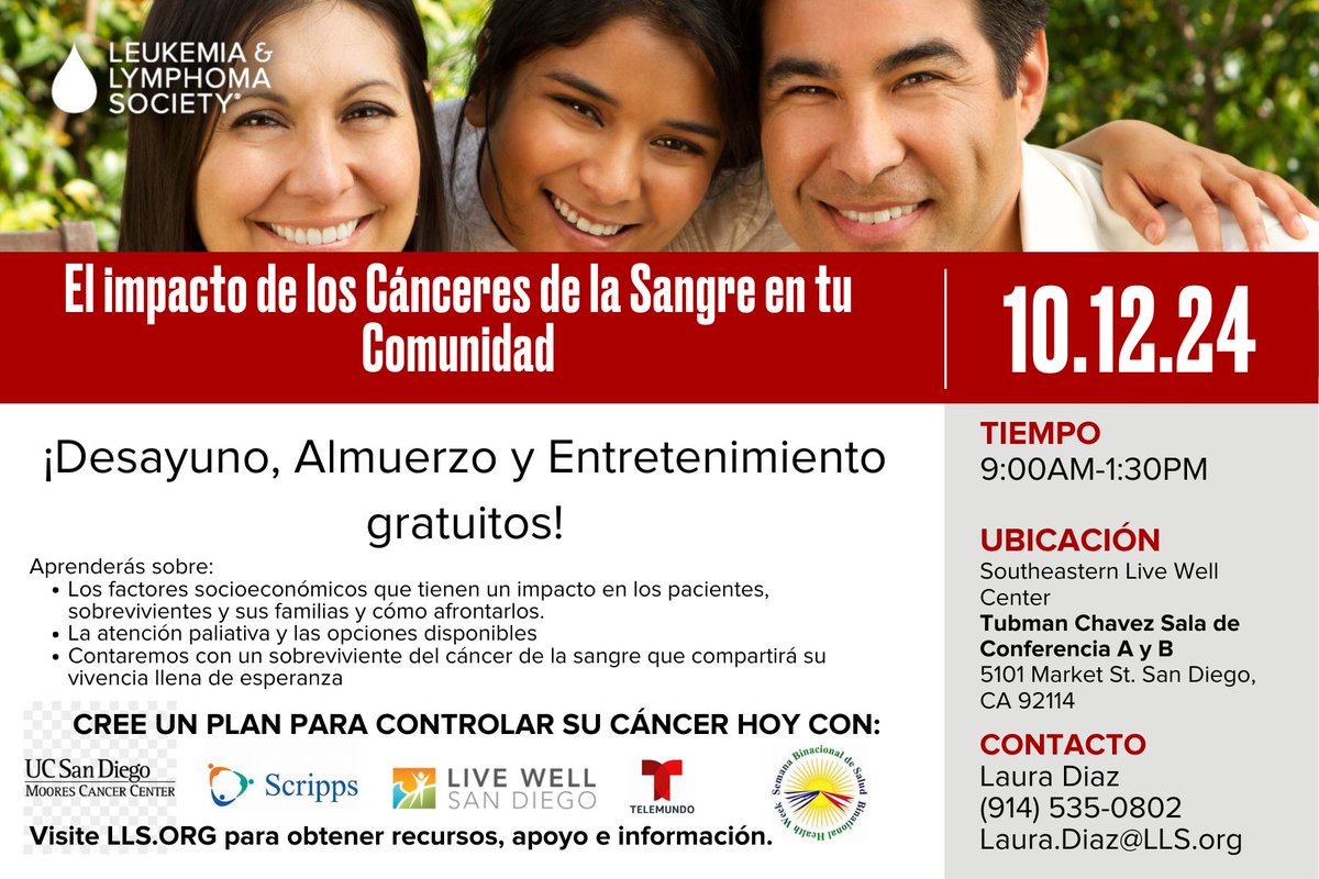 UCSD Health Moores Cancer Center COE (@ucsdcancer_coe) on Twitter photo Reserva la fecha! Save the Date (10/12) por 'El Impacto de los Cánceres de la Sangre en tu Comunidad' @ Southeastern <a href="/livewell_sd/">Live Well San Diego</a>, featuring Dr. <a href="/ochoa_cy/">Carol Y. Ochoa-Dominguez</a> (<a href="/UCSDCancer/">UC San Diego Health Moores Cancer Center</a> <a href="/UCSDRadMed/">UC San Diego Rad Med</a> <a href="/UCSDHealthCHEER/">UCSD Center for Health Equity Education & Research</a>). Gratis! Regístrese aquí: msg.lls.org/Octubre12 #HealthEquityNow #HHM24 Reserva la fecha! Save the Date (10/12) por 'El Impacto de los Cánceres de la Sangre en tu Comunidad' @ Southeastern <a href="/livewell_sd/">Live Well San Diego</a>, featuring Dr. <a href="/ochoa_cy/">Carol Y. Ochoa-Dominguez</a> (<a href="/UCSDCancer/">UC San Diego Health Moores Cancer Center</a> <a href="/UCSDRadMed/">UC San Diego Rad Med</a> <a href="/UCSDHealthCHEER/">UCSD Center for Health Equity Education & Research</a>). Gratis! Regístrese aquí: msg.lls.org/Octubre12 #HealthEquityNow #HHM24