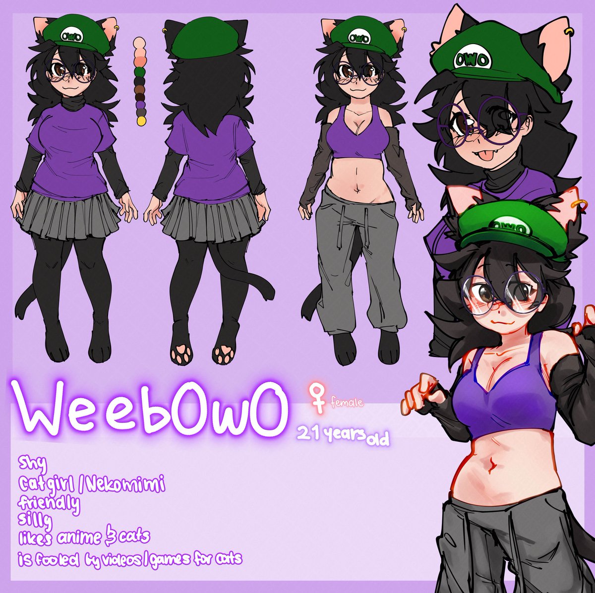 weebo64's tweet image. Here's a reference sheets of my OC: WeebOwO
Special thanks to @youtendoanime for making this &lt;3
Hopefully people will draw her 🙏