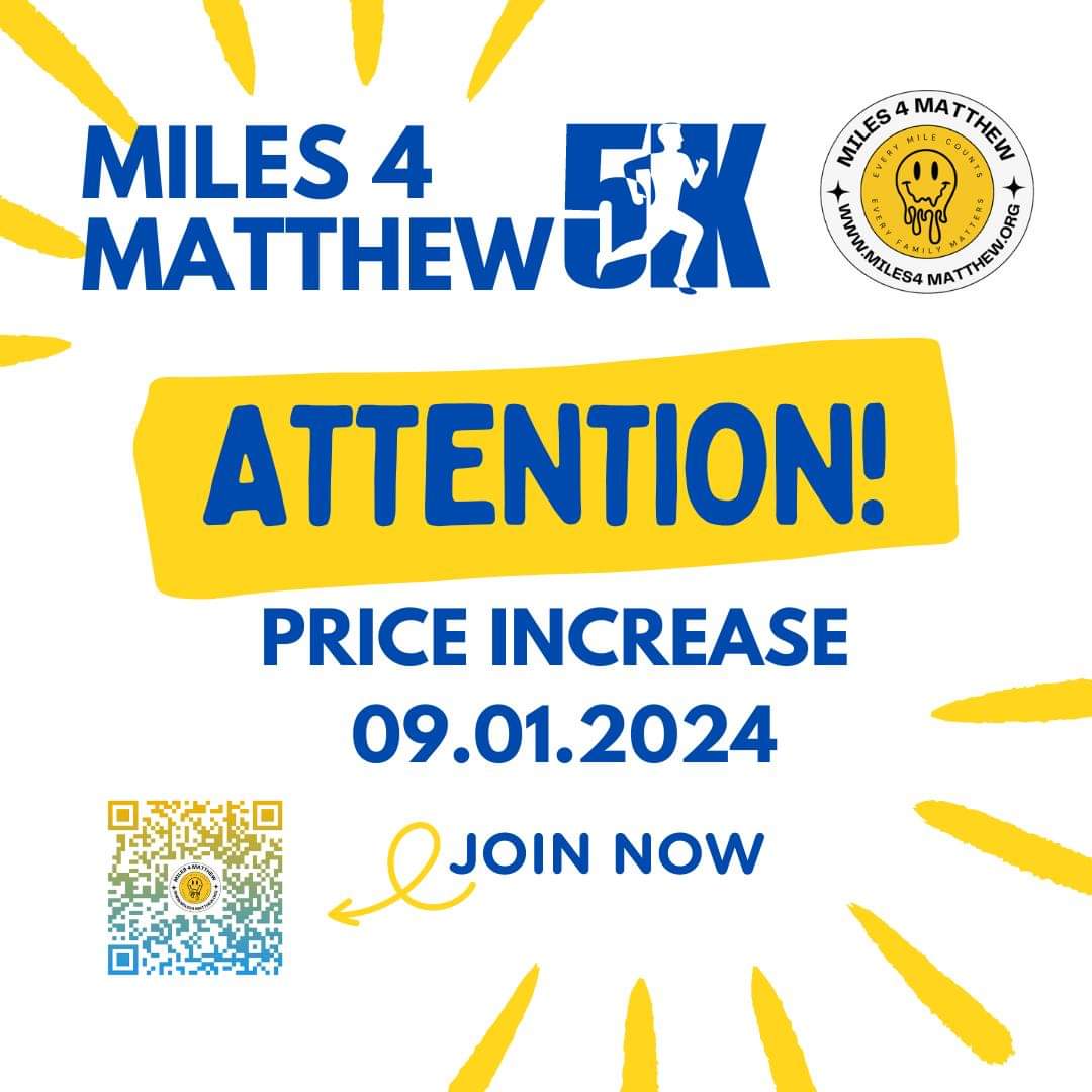 📣Don't miss out!! Only two days left of early bird pricing for the Inaugural Miles 4 Matthew 5K. Prices go up on September 1st!📣

✨Register here: bit.ly/3Z5tSjS

#miles4matthew