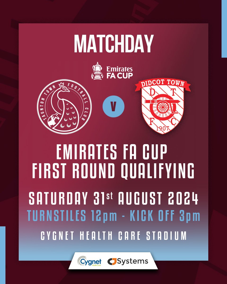 TauntonTownFC's tweet photo. Good morning Peacocks! It's an...
🏆 #EmiratesFACup MATCHDAY
🏟️ Cygnet Health Care Stadium!

Taunton Town 🆚 @DidcotTownFC

🍻Turnstiles/Clubhouse open from 12 noon
📄PREVIEW  https://t.co/KqrAJAHfD0
📻 RADIO  https://t.co/xLzvozgv71 from 2:50pm

#RoadtoWembley #UpThePeacocks🦚 https://t.co/hd8sKzn6jg