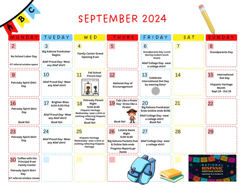 Parents, 
Our September calendar of events is going home today. Here is a digital copy for you as well.  #Setsailforlearning