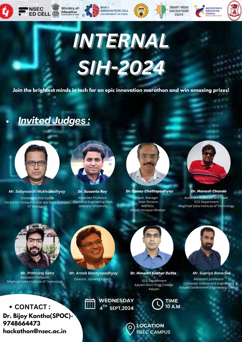 sabyasachi_uni's tweet image. Thanks to #NetajiSubhasEngineeringCollege for inviting me as a #Judge of the #hackathon named #InternalSmartIndiaHackathon 2024&apos;. 

#NSEC #SabyasachiMukhopadhyay #PhDResearchScholar #CHANAKYAPhDFellow #CCDS #IITKGP @IITKgp #InstituteOfEminence #KGPIAN #HAAIProgramAdministrator