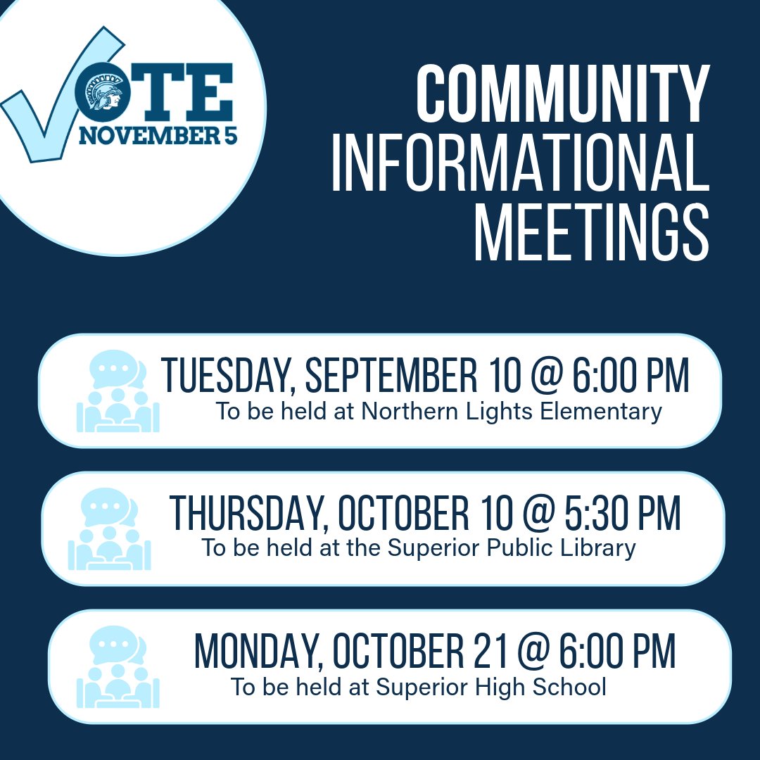 We will be hosting several informational community sessions about the November 5th Referendum. Please mark your calendars and join us!
Find information regarding the November 5th Referendum at: superior.k12.wi.us/referendum2024