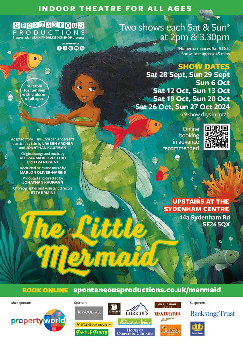 SponProdsTC's tweet image. NOW BOOKING! Our new musical version of the classic fairy tale #TheLittleMermaid 🧜swims into the #SydenhamCentre from Sat 28 Sept to Sun 27 Oct. Suitable for all ages shows at 2 &amp;amp; 3.30pm every Sat* &amp;amp; Sun, last approx 45mins (*no perfs Sat 5 Oct) Tkts here spontaneousproductions.co.uk/events/the-lit…