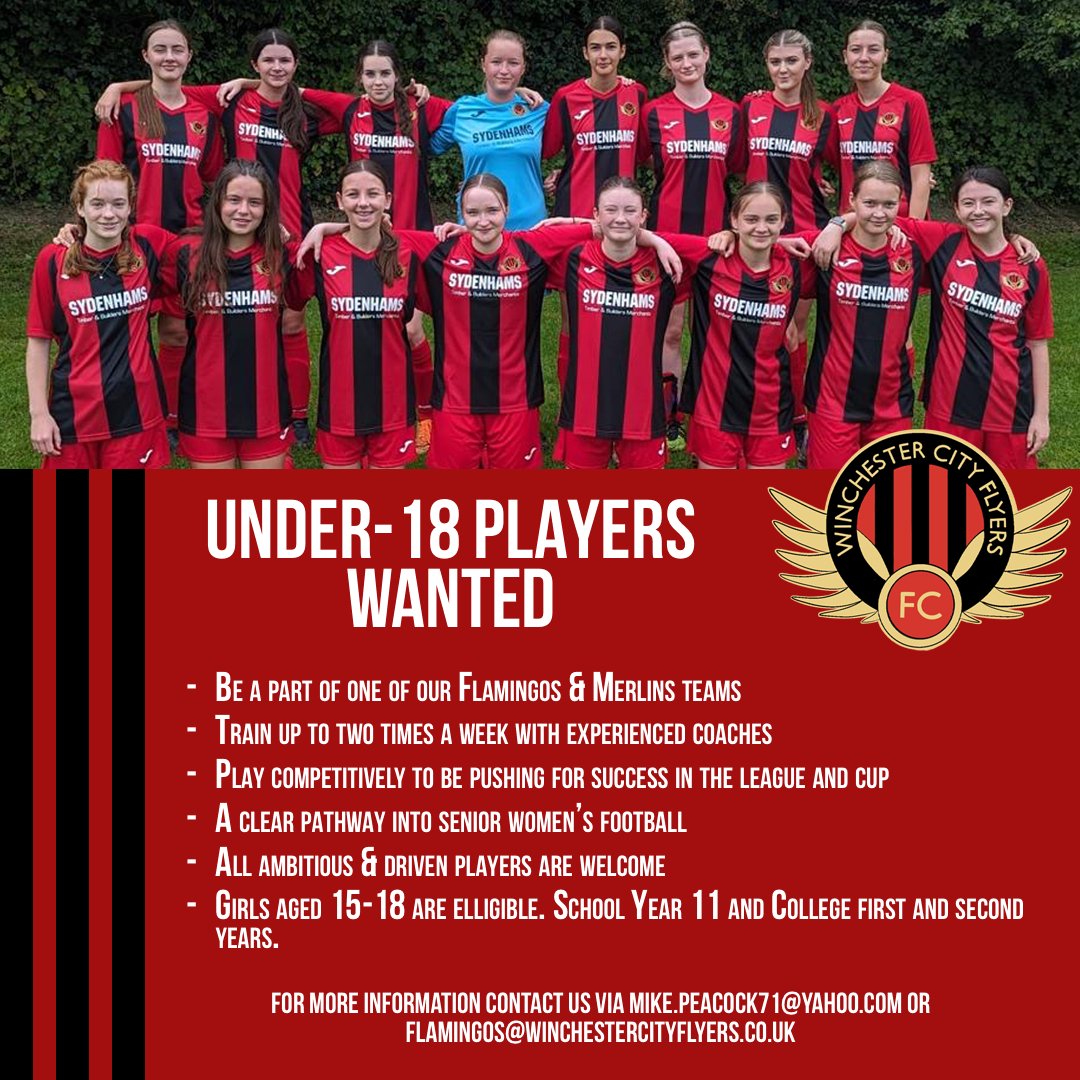 WinchCityFlyers's tweet photo. Our under-18 Flamingos &amp; Merlins want to add players to their squads for the new season.

The sides will be looking to compete at the top of their leagues so if this sounds like the place for you then get in touch to become a Flyer today.

#UpTheFlyers https://t.co/dq7iqWm42s