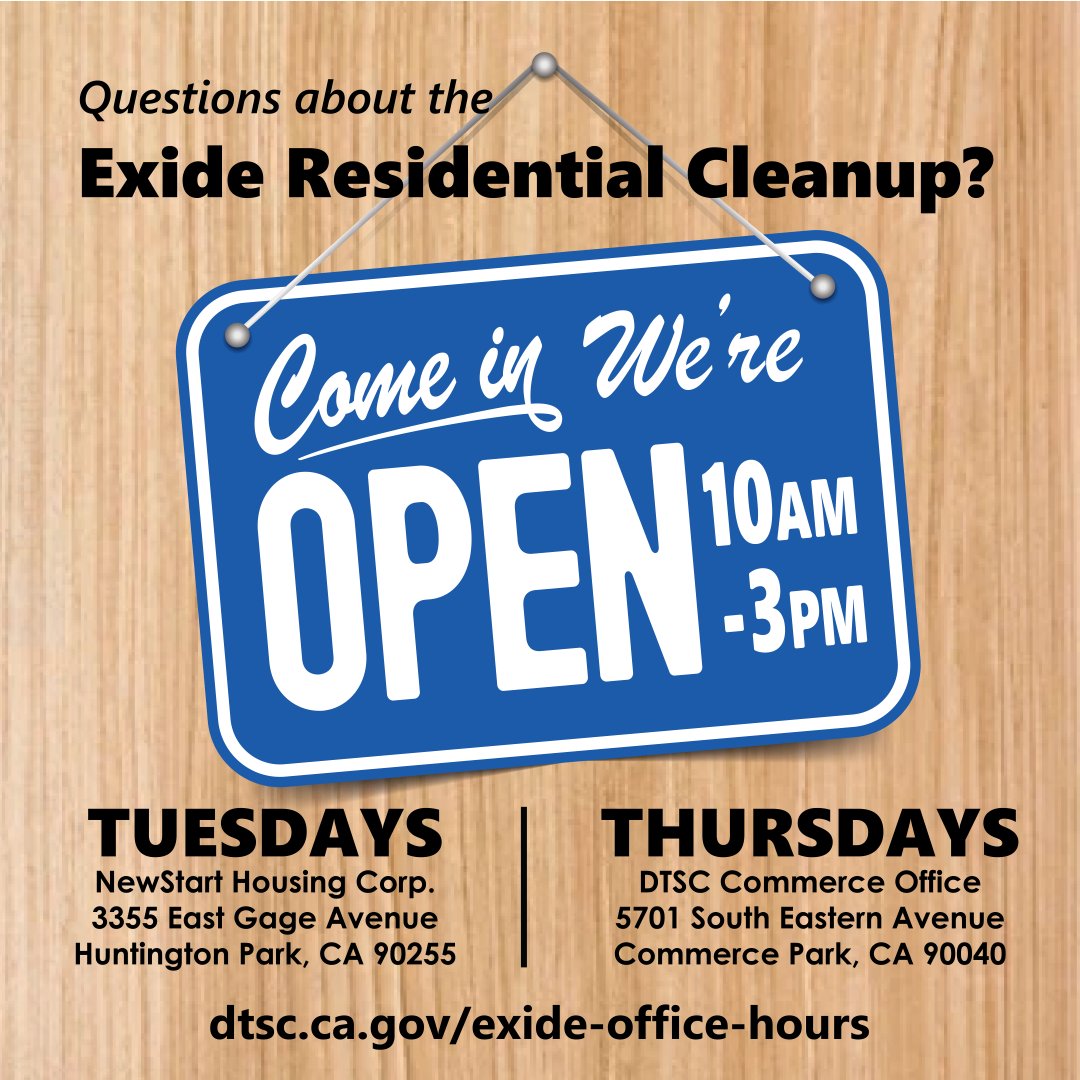 CaliforniaDTSC's tweet photo. We're here in #CommerceCA to answer your questions regarding the #Exide residential cleanup project!
Chat with a real, live project representative on Thursdays from 10am-3pm:
📍 DTSC Commerce Office📍
5701 South Eastern Ave. Commerce, CA 90040
https://t.co/e54mrcpbd8 https://t.co/fEzjJ4wjK2