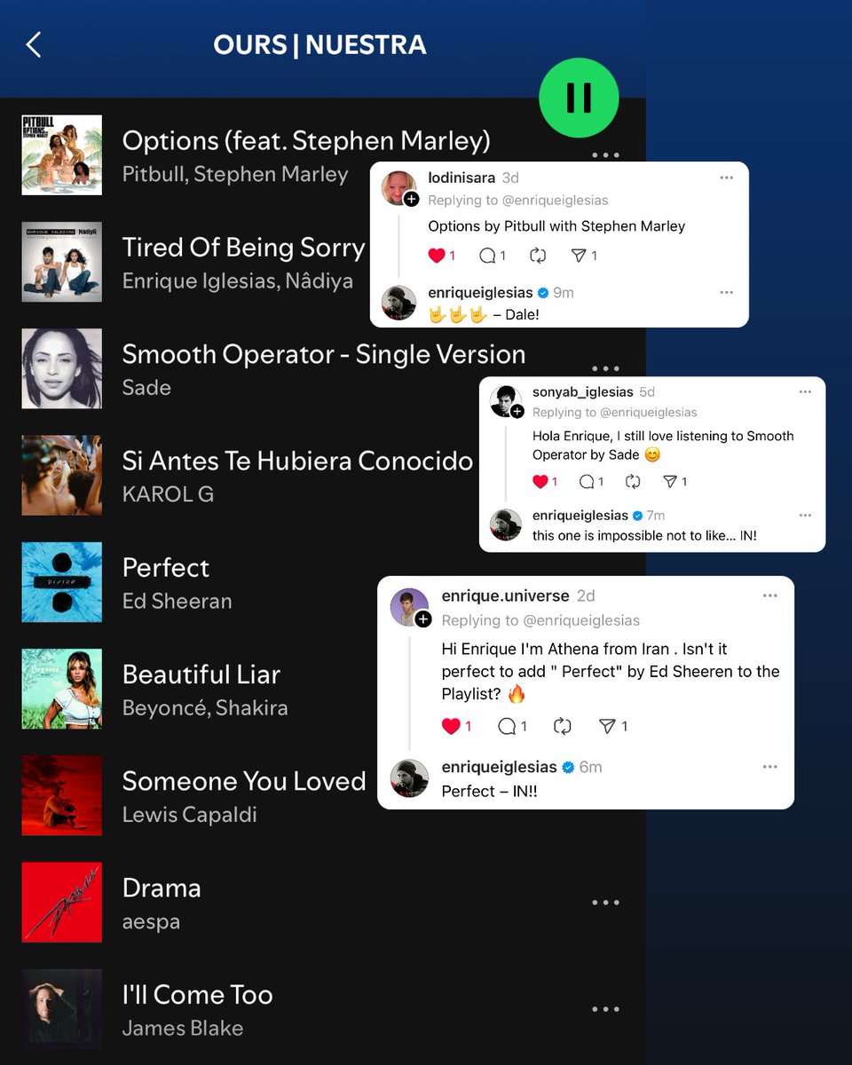 Just added new songs to OUR playlist!!

This mix is turning out really interesting, make sure to head over threads to suggest the songs that you’d like to see there next week. 

🔗 playlist: open.spotify.com/playlist/0fNaX…
🔗 threads: threads.net/@enriqueiglesi…
-
Asegúrense de ir a Threads