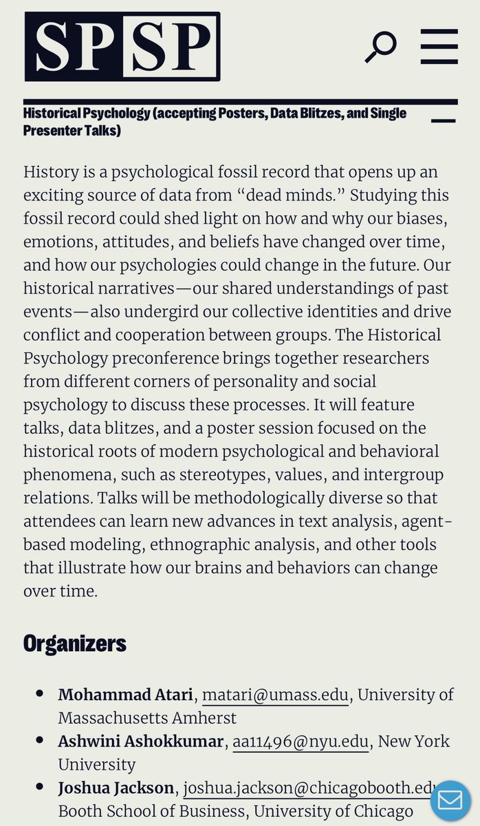 Mohammad Atari (@mohammadatari90) on Twitter photo The Historical Psychology preconference at <a href="/SPSPnews/">Society for Personality and Social Psychology</a> is back!
See you in Denver!
(and send us your abstracts)
Stay tuned for the (amazing) lineup of speakers!
w/ Joshua Conrad Jackson & <a href="/AshuAshok/">Ashwini Ashokkumar</a> The Historical Psychology preconference at <a href="/SPSPnews/">Society for Personality and Social Psychology</a> is back!
See you in Denver!
(and send us your abstracts)
Stay tuned for the (amazing) lineup of speakers!
w/ Joshua Conrad Jackson & <a href="/AshuAshok/">Ashwini Ashokkumar</a>