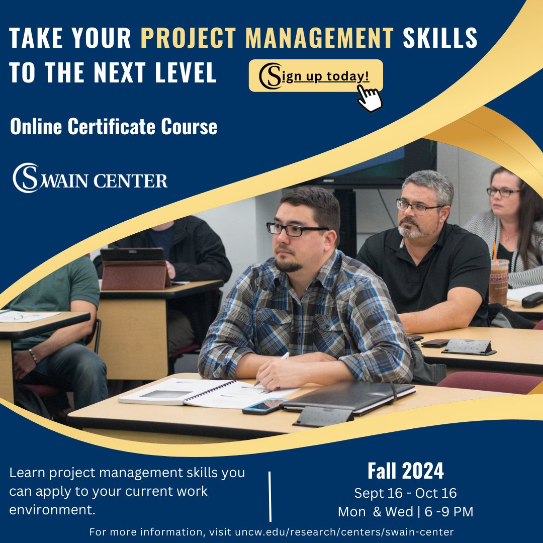 There’s still time to sign up for the next Project Management Certificate program starting September 16th.

Learn from accredited UNCW Professor Dr. Drew Rosen how to manage your projects effectively.  

Sign up at: uncw.edu/research/cente…