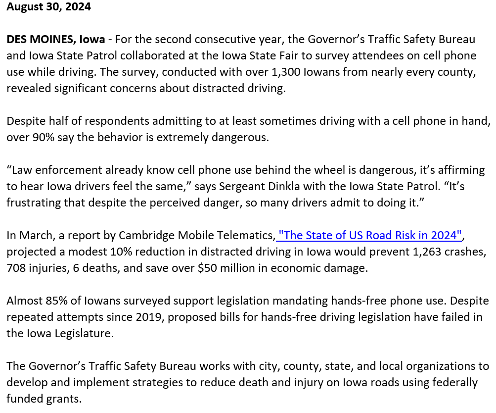 Thank you all who took the survey at the Iowa State Fair. Let's make Iowa a "Hands Free" state!