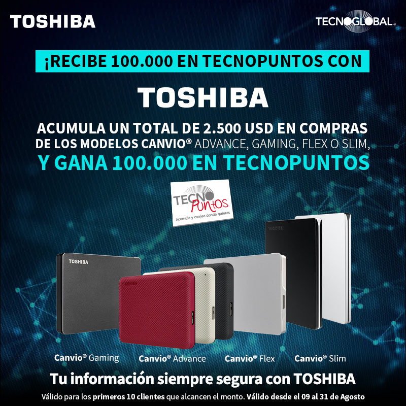 ¡100.000 en Tecnopuntos puedes obtener con Toshiba! Acumula un total de 2.500 dólares en compras de productos de la linea Canvio. 

El catálogo en este link bit.ly/4ct0YNG

Más información
stephanie.wiedmaier@tecnoglobal.cl y/o patricio.alvarado@tecnoglobal.cl